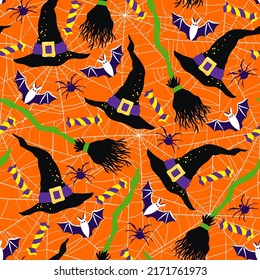 Halloween hand drawn vector seamless pattern with witch accessories.