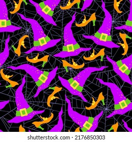 Halloween hand drawn vector seamless pattern with witch accessories.