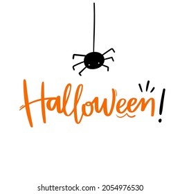 Halloween Hand Lettering Calligraphy con adorable dibujo de arañas. Vector.