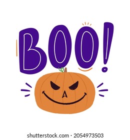 Halloween Hand Lettering Calligraphy with pumpkin cute drawn. Vector.