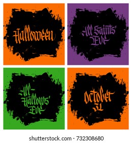 Halloween hand lettering set. Collection of card templates with creative text design for holiday greetings. Vector illustration.