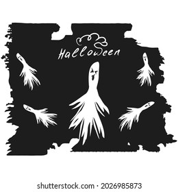 Halloween - hand lettering, white ghosts on abstract black background in grunge style - vector. Party banner.