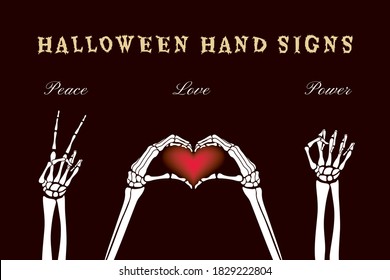 Halloween Hand Signs Set with Dead Man Skeleton Hands Making Love Peace and Power Symbols - Red and White on Dark Bones Background - Vector Mixed Graphic Design