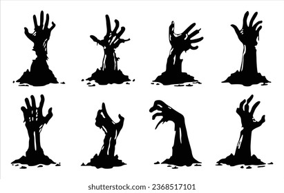 Silueta de la mano de Halloween. Colección de vector de mano zombi. Los corderos zombi espeluznantes se pegan en la ilustración vectorial de la cementera. Elementos para afiches de halloween y proyectos de diseño.