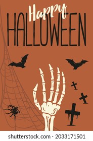 Halloween hand of skeleton for halloween poster. Fear or horror spooky zombie of happy halloween for design dark walking dead party