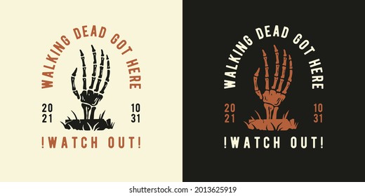 Halloween hand of skeleton for t-shirt halloween print. Fear or horror spooky zombie of happy halloween for design dark walking dead party