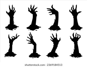 Juego de vectores de mano de Halloween. Colección de vector de mano zombi. Elementos para afiches de halloween y proyectos de diseño. Vector de armas zombi de Halloween colocado en negro. Elementos aislados de un espeluznante proyecto de halloween.