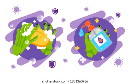 Halloween Hand wash vector set. Zombie hands with soap and alcohol cleansing gel. Prevention of COVID-19