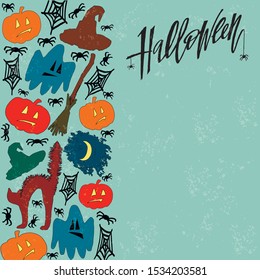 "Halloween" hand written lettering on blue background with colorful elements for party invitation, poster, banner, flyer, greeting card. Vector Illustration for celebration with positive, fun image.