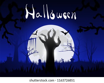 halloween hand zombie from ground on night and big moon