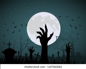 halloween hand zombie from ground on night and big moon