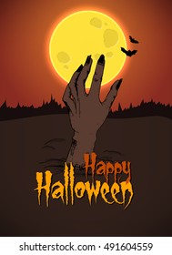 Halloween. The hand of the zombie sticks out above the ground. Lunar landscape. Vector illustration