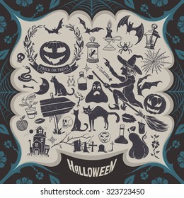 Halloween Hand-drawing Contour Vintage Set with Dark Ornamental Frame