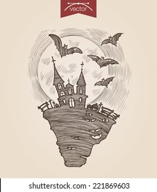 Halloween handdrawn engraving style template dark night scary castle flying bats full moon poster banner print web site pen pencil hatching paper painting retro vintage vector lineart illustration.
