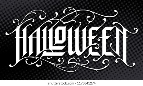 Halloween Hand-Drawn Gothic Lettering with vintage floral patterns on black background. Vector typography.