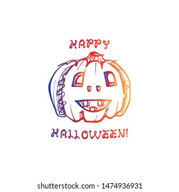 Halloween handdrawn gradient pumpkin with handwritten phrase isolated on white background. Inscription: Happy Halloween