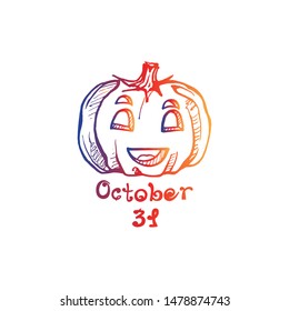 Halloween handdrawn gradient pumpkin with handwritten phrase isolated on white background. Inscription: October 31