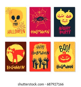 Halloween handdrawn. Greeting card with handwritten calligraphy. Vector set of six cartoon posters.