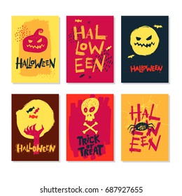 Halloween handdrawn. Greeting card with handwritten calligraphy. Vector set of six cartoon posters.