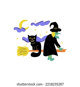 Halloween handdrawn illustration. Creepy cat and spooky witch on a broom. Night sky, mystery moon. Party design element. Autumn season clipart, scary vector picture.