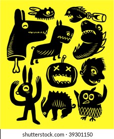 Halloween hand-drawn monsters. Vector illustration.