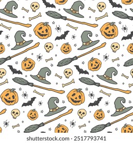 Halloween hand-drawn pattern with star, magic hat,  broom, pumpkin, bones, skull. Vector stock illustration. Halloween party decoration.