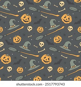 Halloween hand-drawn pattern with star, magic hat,  broom, pumpkin, bones, skull. Vector stock illustration. Halloween party decoration.