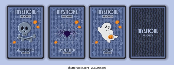 Halloween. Hand-drawn playing cards with the bones of a skull, a ghost, a spider and a web. Board game. Paper cut