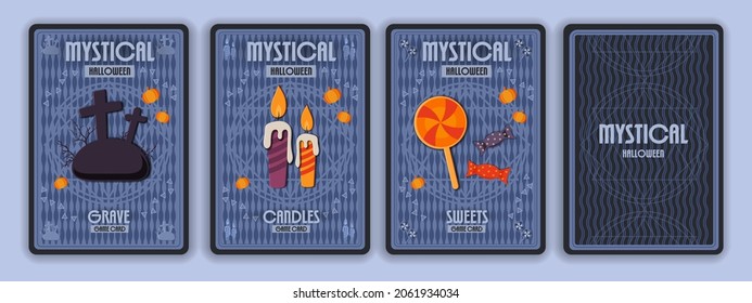 Halloween. Hand-drawn playing cards with a grave, candles, sweets. Board game. Paper clipping