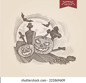 Halloween handdrawn pumpkins on graveyard bat engraving style template poster banner print web site pen pencil crosshatch hatching paper painting retro vintage vector lineart illustration.