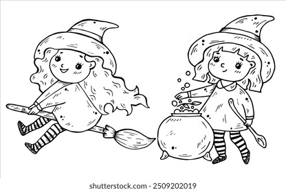 Halloween hand-drawn vector graphics little funny witches in hats

