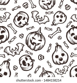 Halloween hand-drawn vector seamless pattern with many funny cartoon doodles.