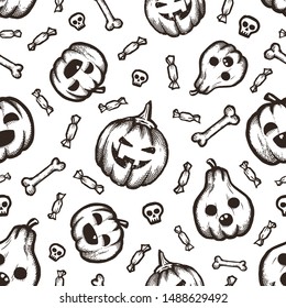 Halloween hand-drawn vector seamless pattern with many funny cartoon doodles.