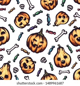 Halloween hand-drawn vector seamless pattern with many funny cartoon doodles.