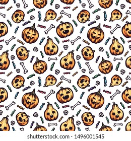 Halloween hand-drawn vector seamless pattern with many funny cartoon doodles.