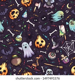 Halloween hand-drawn vector seamless pattern with many funny cartoon doodles.