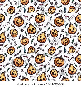 Halloween hand-drawn vector seamless pattern with many funny cartoon doodles.