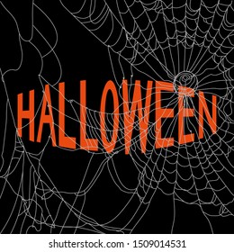  Halloween, handmade lettering, Spider web. Vector illustration  on a black isolated background.Template for Halloween holiday design, banner, print, poster, invitation.