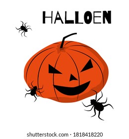  Halloween, handmade lettering, Spider web, pumpkin, spider, maple leaf. Vector illustration  on an isolated background. Template for Halloween holiday design, banner, print, poster, invitation.