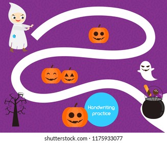 Halloween handwriting practice sheet. Educ ational children game, printable worksheet for kids. Help boy find candies