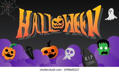 Halloween handwritten with character design and could in Halloween day , isolated on black background , vector illustration EPS 10