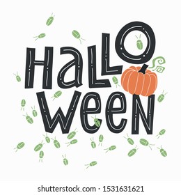 Halloween handwritten lettering with beetles and pumpkin.