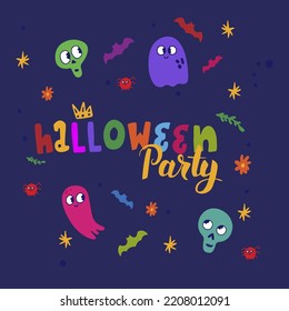 Halloween, texto escrito a mano, fantasmas y decoraciones para la festividad, dibujando en un estilo plano sobre un fondo oscuro