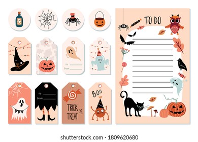 Etiquetas colgadas de Halloween y Lista de tareas pendientes con elementos lindos específicos, ilustración de vector dibujada a mano. 