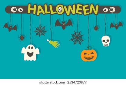 Halloween hanging decorations on blue background