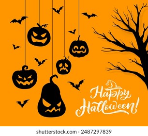 Halloween hängende Kürbisse und Fledermäuse für Urlaub und Trick oder Leckerei Party, Vektorgrafik Hintergrund. Horror Nacht Urlaub Grußkarte mit gruseliger gruseliger Kürbis Silhouette und gruselige Hexenschläger mit Baum