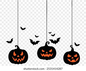 Halloween hanging pumpkins with bats on a transparent background. Ideal for spooky decorations, party invites, and Halloween-themed designs.