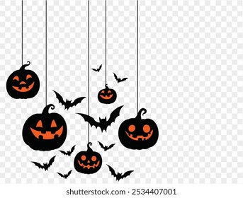 Halloween hanging pumpkins with bats on a transparent background. Ideal for spooky decorations, party invites, and Halloween-themed designs.