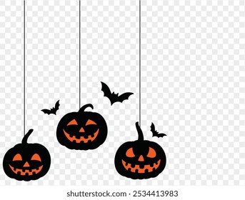 Halloween hanging pumpkins with bats on a transparent background. Ideal for spooky decorations, party invites, and Halloween-themed designs.