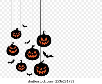 Halloween hanging pumpkins with bats on a transparent background. Ideal for spooky decorations, party invites, and Halloween-themed designs.